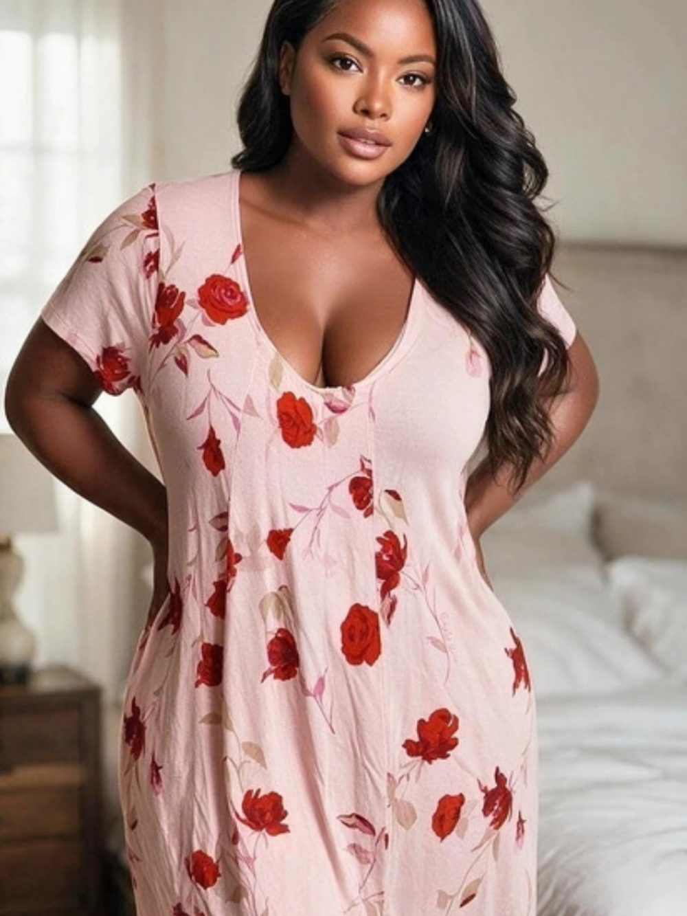 Simply Vera Vera Wang Pink Floral Smocked Scoop Neck Short Sleeve Nightgown L